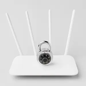 Online Safety Precautions Prints: High angle internet router with lock