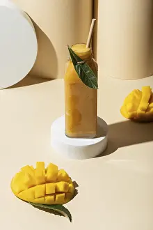 Balanced Diet Ideas Prints: High angle mango juice bottle