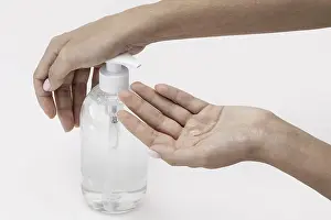 Corona Virus Prevention Prints: High angle person using liquid soap