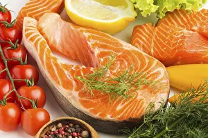 Studio Shot Of Vegetables Prints: High angle salmon vegetables
