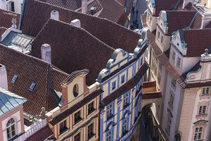 Historic District Architecture Prints: High-angle view showcasing the intricate rooftops