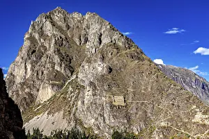High Mountain Landscape Prints: High mountain with old structures on the steep rock face