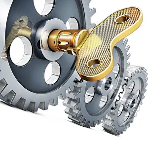 Framed Print : High Resolution 3D Rendering Print of Gears and Key Framed Print : High Resolution 3D Rendering Print of Gears and Key