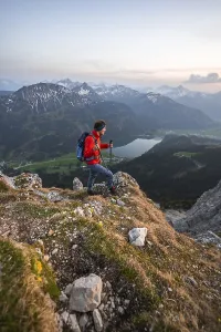 Northern Alps Hiking Trail Prints: Hiker at the summit of Schartschrofen at sunset