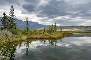 Hilly Landscape Prints: Hilly landscape, trees reflected in a lake