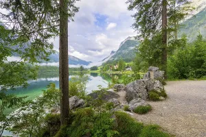 Uninhabited Waterfront In Germany Prints: Hintersee with rocks and trees in the foreground
