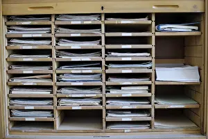 Antique Office Furniture Prints: Historic drawer office system without computer old folder system