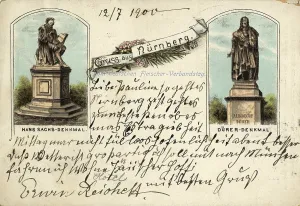 Prints of Historical monuments in Nuremberg, the Hans-Sachs-Monument (left) and the Albrecht-Durer-Monument (right), Nuremberg, Middle Franconia, Bavaria, Germany Hans Sachs Prints: Historical Monuments in Nuremberg Print, circa 1910