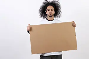 White Studio Background Portrait Prints: Holding a sign with copy paste space