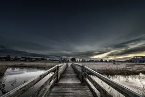 Bavarian Winter Landscape Prints: Holzsteg over the Ach with reflection and dramatic sky