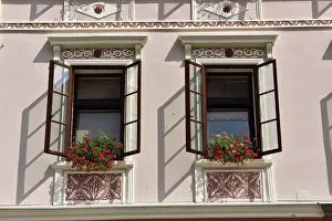 Slovenia Prints: House Facade with Windows Print, Skofja Loka, Slovenia