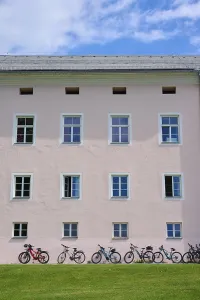 Deserted Austrian Building Prints: House facade, windows, bicycles