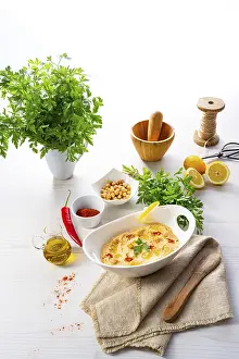 Legume Nutrition Facts Prints: Hummus paste with lemon and chilli on a white background