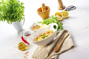 Hummus Paste Prints: Hummus paste with lemon and chilli on a white background