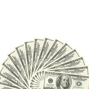 Deserted Cash Pile Prints: Hundreds of dollars spread on white background