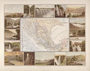 Prints of Hydrographic map of Mexico, around 1900, waterways, rivers, lakes, illustration, reproduction from a 19th-century model Map Prints: Hydrographic Map of Mexico Print, 19th-Century Illustration
