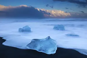 Lava Beach Iceland Prints: Ice chunks on black beach, lava beach
