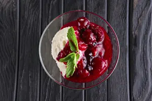 Gourmet Breakfast Meal Ideas Prints: Ice cream with cherry and raspberry jam