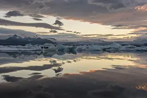 Glacier Lake Scenery Prints: Icebergs at sunset, reflection