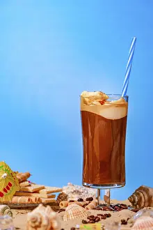 Blue Background Desserts Prints: Iced coffee with straw, sand, shells