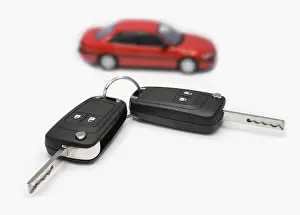 Modern Illustration Prints: Ignition keys with car in the background