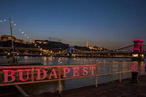 Chain Bridge Budapest Prints: Illuminated Budapest sign with Danube and Chain Bridge