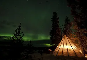 Northern Lights Canada Prints: Illuminated teepee, tipi, tepee