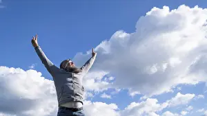 One Person Image Prints: An image of a bearded man winner pose