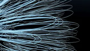 Abstract Pattern Design Prints: This image features a 3D render of intertwining light strands in a fluorescent blue hue against a dark background