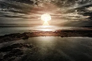 Deserted Landscape Image Prints: An image of a nuclear bomb explosion