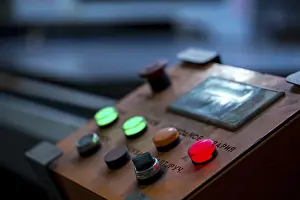 Modern Architecture Interior Space Prints: Image of red button lit on control panel, close-up