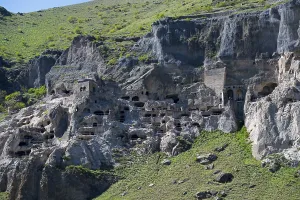 Caucasus Mountain Scenery Prints: Impressive monastery complex nestled in a cliff