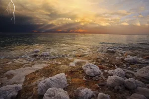 Open Air Landscape Photo Prints: Improbable spring thunder-storm above the Dead Sea