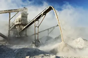 Industrial Background Prints: Industrial background, crusher rock stone crushing machine at open pit mining and processing plant for crushed stone