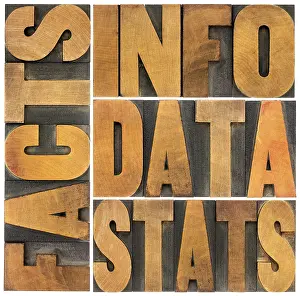 Letterpress Printing Block Design Prints: Information, data, facts, stats word abstract - isolated text in vintage letterpress wood type printing blocks