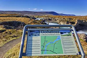 Godafoss Waterfall Prints: Information panel at waterfall Godafoss