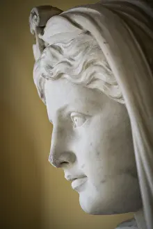 Prints of Ingeborg with the falcon, detail, classical round sculpture of a female figure on a round plinth, marble, Stadtisches Lapidarium, City of Stuttgart, Baden-Wurttemberg Related Prints: Ingeborg with the Falcon, Marble Sculpture Print