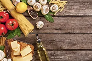 Pasta Dish Photography Prints: Ingredients for spaghetti with basil
