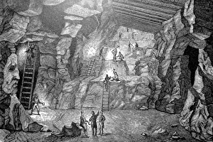Mining Industry History Prints: Inside a mine, mining a stick, historical