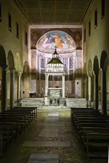 Historic Church Building Italy Prints: Interior view through central nave of altar