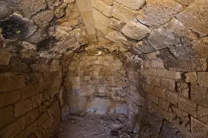Deserted Ancient Building Prints: Interior view with stone ceiling and masonry