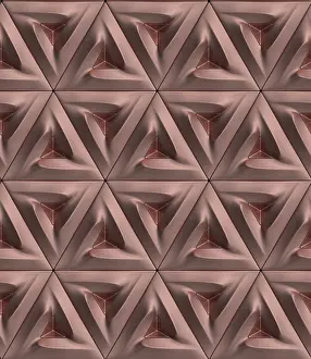Minimalist Decorative Item Prints: An intricate 3D geometric pattern featuring triangular shapes in neutral tones creates a modern