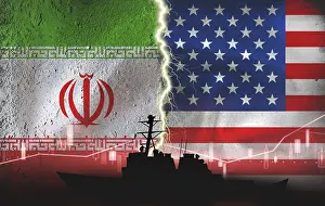 Middle East Politics Prints: Iran and US flags on a broken wall texture