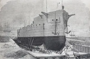 King Frederick II Of Prussia Prints: The ironclad Frederick the Great on the stack in the shipyard of Kiel