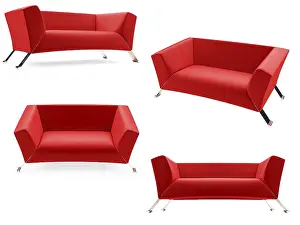 Empty Studio Environment Photo Prints: Isolated collage of sofa over white background