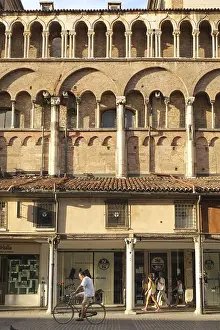 Prints of Italy, Emilia-Romagna: shops beside the Basilica Cattedrale di San Giorgio (Cathedral of Saint George the Martyr) in Ferrara, in the Po Plain Ferrara Prints: Print of Ferrara, Emilia-Romagna Region, Italy
