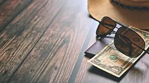 Wooden Background Copy Space Prints: Items for summer vacation: a camera