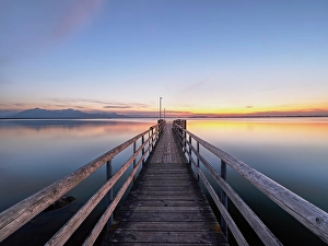 Bavarian Sunset Prints: Jetty at sunset, Chiemsee, Chieming, Bavaria, Germany, Europe