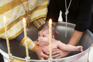 Prints of July 23, 2020, Belarus, the city of Gomil, a church in the city. Orthodox baptism of a child Belarus Prints: Belarus, Gomel: Orthodox Baptism Print