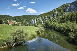 Blue Sky Reflection Photography Prints: Jurassic limestone rocks are reflected in the Danube